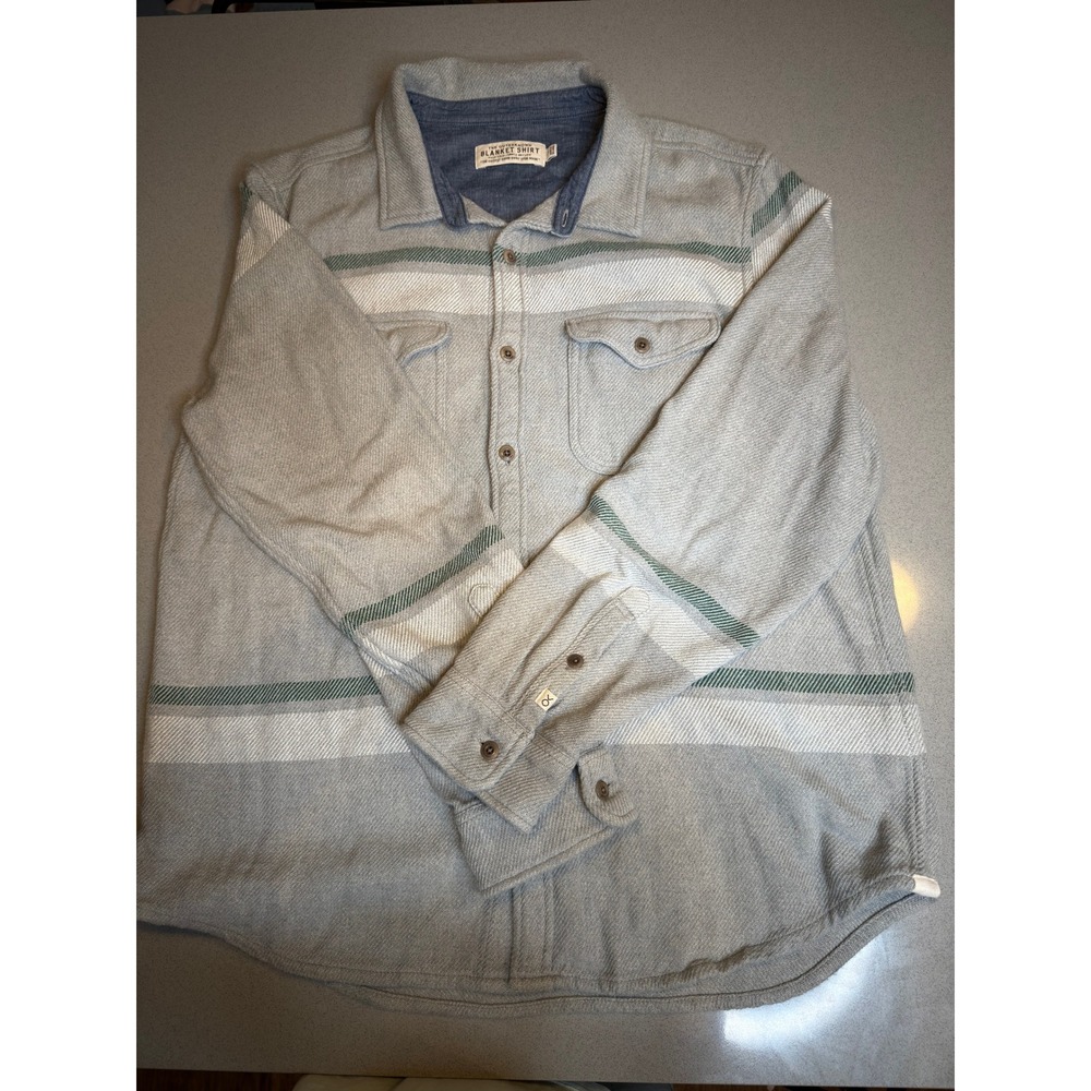 Outerknown Blanket Shirt Flannel Mens Large Grey Green Stripe Organic Cotton